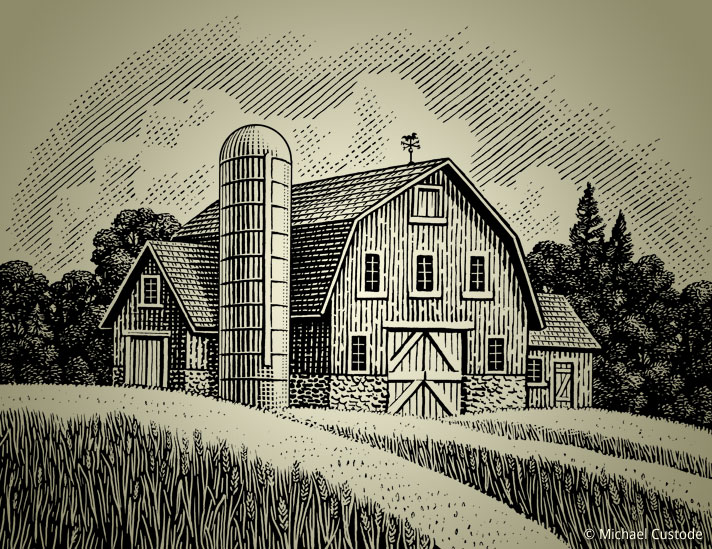 Woodcut-style illustration of a large barn with a silo beside it in a field of wheat.