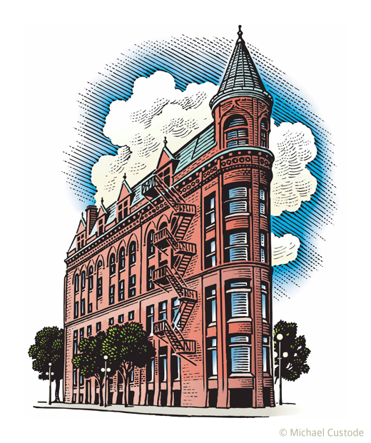 Woodcut-style illustration of the Flatiron building in Toronto, a distinctive, wedge-shaped, five-storey, red brick structure.