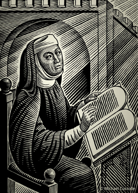 Woodcut-style illustration of Hildegard von Bingen. She is seated in a wooden chair as a ray of light shines on here face. She gestures with her right hand over two tablets on a lectern before her.