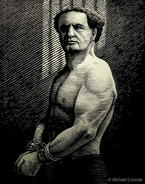 Woodcut-style illustration of Harry Houdini. The shadow of a barred window can be seen on the wall behind him as he stands with his hands bound and handcuffed in front of him.