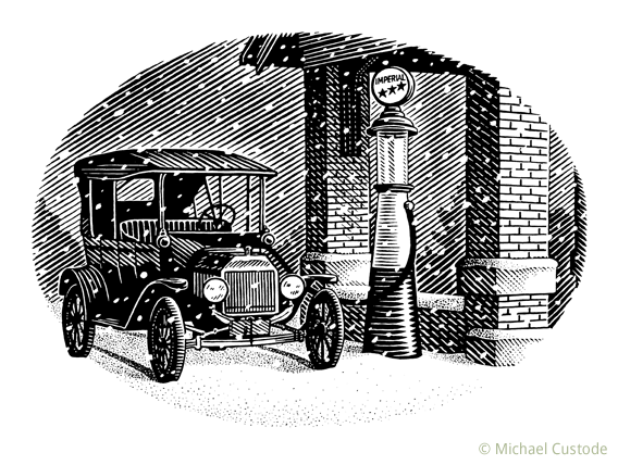 Woodcut-style illustration of old-fashioned Imperial gas station with a Model T Ford filling at the pump. It's snowing and there's snow is on the ground.