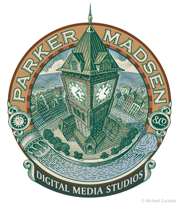 Logo for Parker Madsen featuring a woodcut-style illustration of a large clock tower.