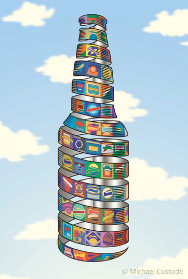 Digital illustration of a ribbon of labels curled around to form the shape of a bottle.