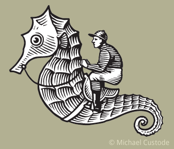 Woodcut-style illustration of a giant seahorse with a jockey in a saddle in its back.