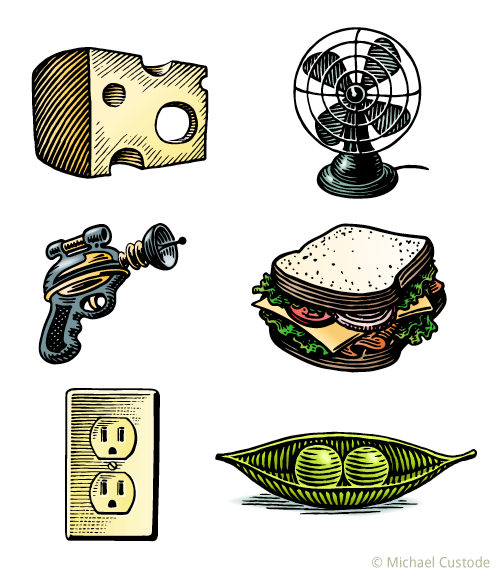 Series of six woodcut-style illustrations: a wedge of cheese; a fan; a sandwich; two peas in a pod; an electrical outlet; and a ray gun