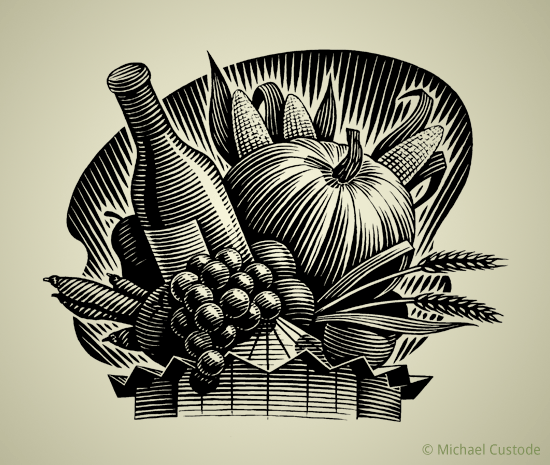 Woodcut-style illustration of the Stratford's Avon Theatre building with corn, a pumpkin, grapes wheat and a bottle of wine resting on its roof.