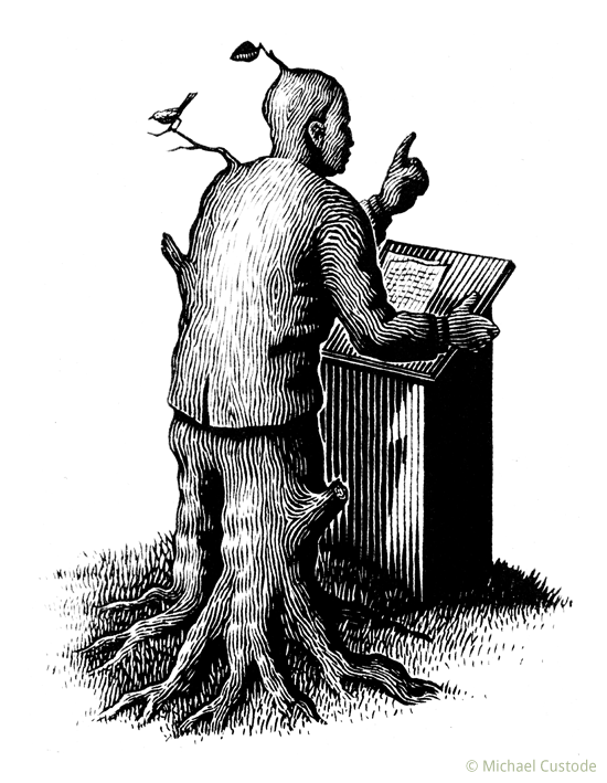 Woodcut-style illustration of a man speaking at a lectern, but the man is actually made of the stump of a tree and his legs become roots that grow out the grassy ground.