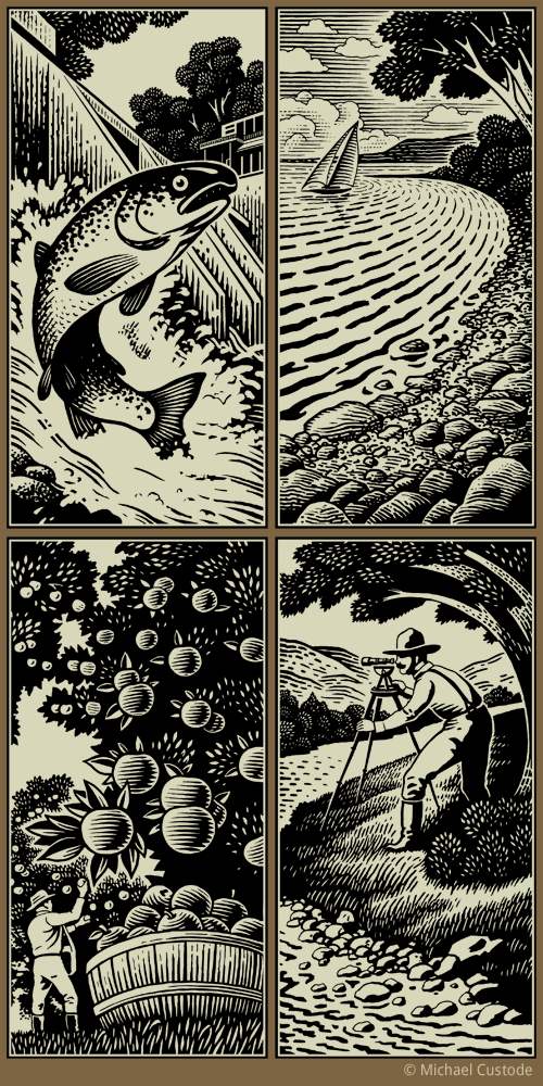 Series of four woodcut-style illustrations: a trout jumping a dam; a sailboat on a lake; a man picking apples; a surveyor beside a river.