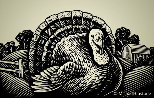 Woodcut-style illustration of a turkey with a farm scene behind.