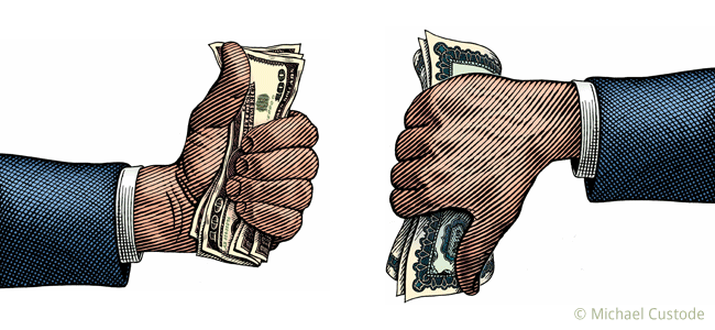 A woodcut-style illustration of a pair of hand holding cash, one giving a thumbs up sign, the other thumbs down.