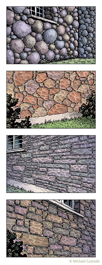 Woodcut-style illustrations of four different styles of stone walls.