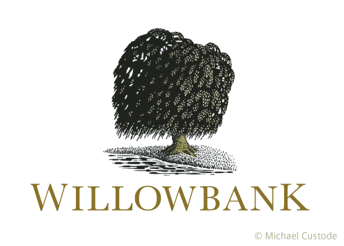 Woodcut-style illustration of willow tree on the bank of a river with the word Willowbank at the bottom.