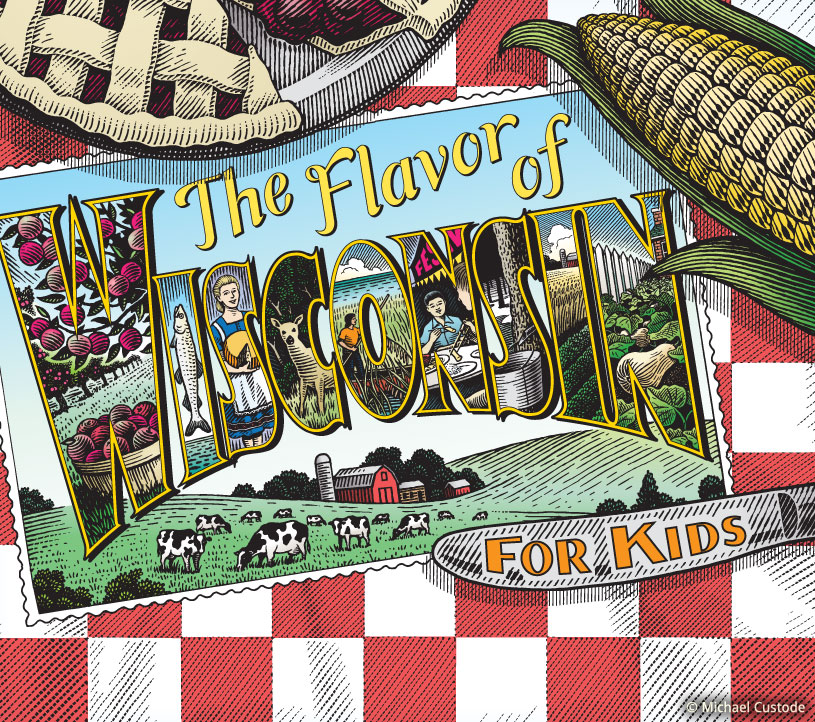Book cover showing a postcard on a checkered tablecloth with a cherry pie, an ear of corn and a knife.