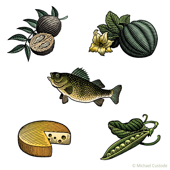 Woodcut-style illustrations of walnuts, a wheel of cheese, an acorn squash, a pea pod and a bass.