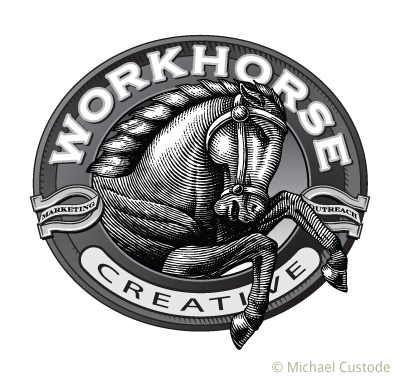 Circular logo for Workhorse Creative showing a rearing horse breaking through the frame.